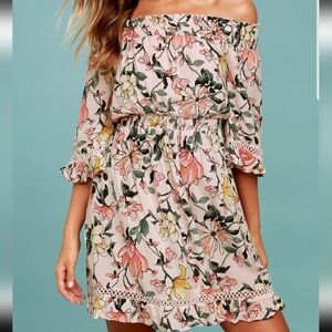 Lulu's Hello, Darling Blush Pink Floral Print Off-the-Shoulder Dress Sz M